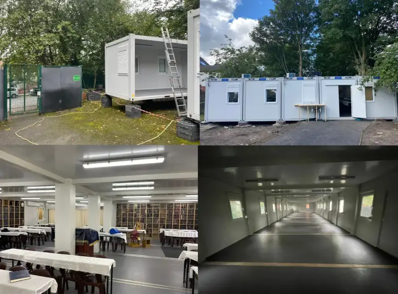 A collage of four images showing modular learning facilities: exterior views of modular units in a schoolyard, an interior classroom setting, and an empty corridor with overhead lighting