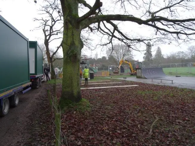 Construction site in a park with workers and machinery near a large tree.