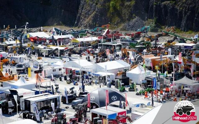 Overview of the Hillhead 2024 exhibition with various booths and equipment displays.