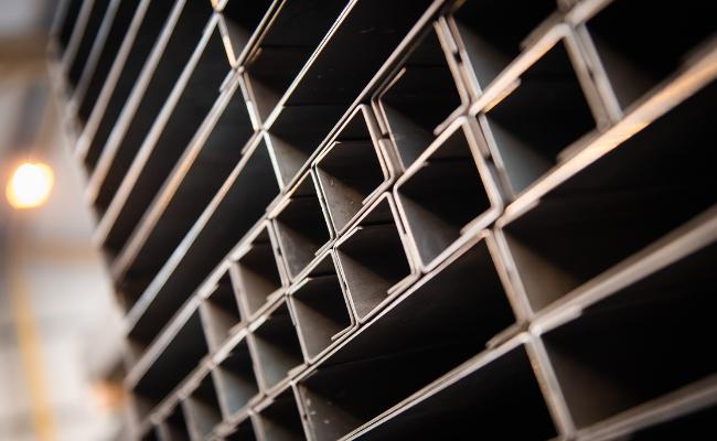 Pressed steel formed in to c-shaped steel sections ready for modular building manufacture